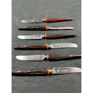6pc F.A. Kirk Cutlers Sheffield England Stainless Steak Knives Faux Stag Handle